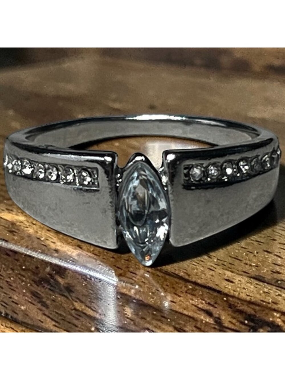 Silver Tone Marquise Clear Stone Ring Channel Set Band Size 9.75